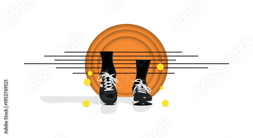 Black and white close-up of athletic shoes stepping in sync on studio floor, oversized orange circle tightly cropped behind the feet, thin horizontal lines