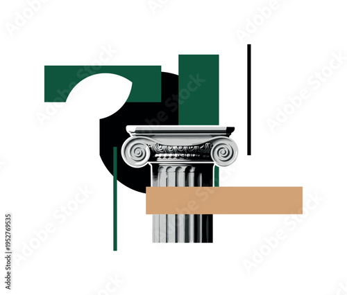 Black and white classical column fragment layered with bold flat semicircles and rectangular color blocks, thin vertical lines referencing architectural