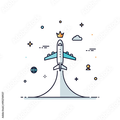 Private jet travel small jet silhouette ascending with a tiny crown accent above, expressing elite mobility and global luxury travel. Minimalist flat vector