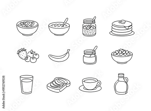 Plant-Based Breakfast Ideas. Minimalistic set one-line drawing [smoothie bowl, oatmeal bowl, chia pudding jar, vegan pancakes stack, fresh berries, banana, nut