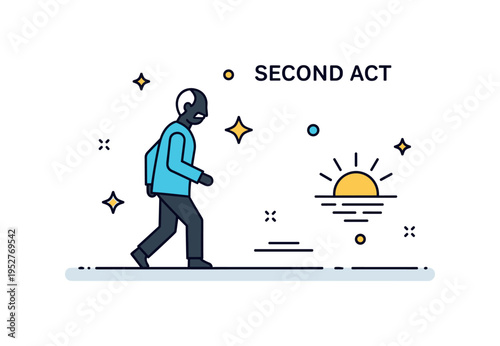 Purpose driven second act illustration with a senior silhouette stepping forward toward a small sunrise icon expressing hope, vitality, and