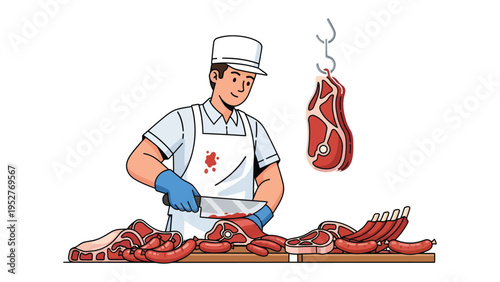 Master Butcher at Work: A skilled butcher, meticulously cuts through raw meat in a professional kitchen environment, showcasing expertise and the art of meat preparation.