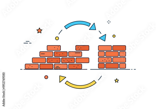 Brick recycling process stack of used bricks transitioning into a newly built wall section connected by circular arrows. A concise visual metaphor