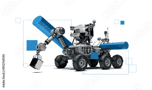 Realistic monochrome lunar rover with extended robotic arm collecting samples, layered with floating blue cylindrical shapes and minimal square accents