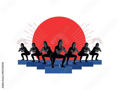 monochrome silhouettes performing synchronized squats in formation, oversized red circular halo behind group and deep blue rectangular blocks grounding