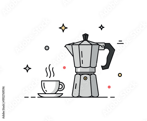 Italian espresso moment featuring a tiny cup beside a minimalist stovetop moka pot silhouette, expressing tradition and authentic coffee culture. The clean