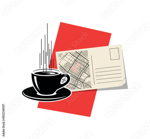 black and white espresso cup with rising steam stylized into thin vertical lines, postcard placed diagonally across abstract red rectangle, minimal black grid