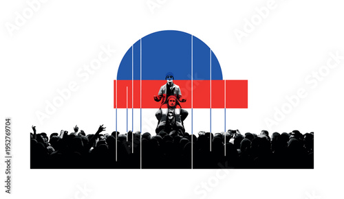 Black and white person sitting on shoulders in a crowd, large blue semicircle intersecting upper frame, red rectangular accent crossing midsection, thin