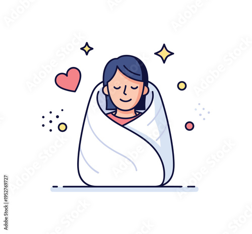 Gentle self support person wrapped in a soft blanket with subtle heart and star accents nearby. A calm editorial illustration about rest, patience, and