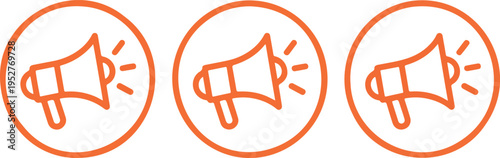 Megaphone announcement icon set in orange circular outline style marketing promotion broadcast communication vector symbols collection
