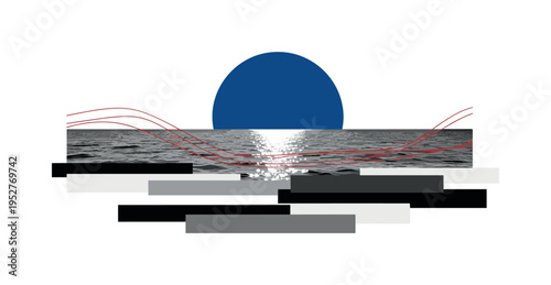 Vintage black and white seascape with bright sun trail on waves, large blue circle dominating upper frame as abstract sky, thin red curved lines tracing