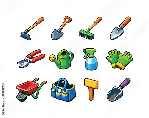 Gardening Tools. Colorful isometric vector icons set of gardening tools: hoe, shovel, rake, hand trowel, pruning shears, watering can, spray bottle, garden
