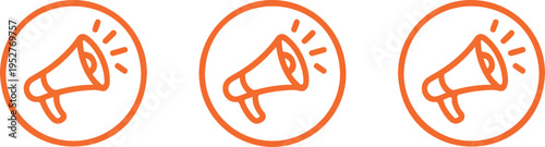 Megaphone announcement icon set in orange circular outline style marketing promotion broadcast communication vector symbols collection
