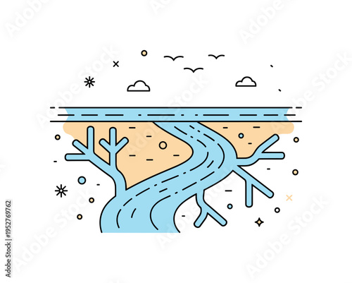 Coastal river delta meeting the sea featuring branching waterways flowing into a simple horizon line with small bird silhouettes above, symbolizing transition