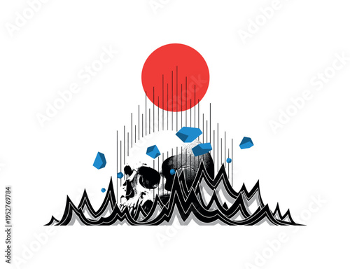 Black and white oversized skull partially submerged in stylized flames shaped like geometric waves, large flat red circle dominating upper half, thin vertical