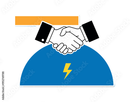 Black and white handshake with one hand slightly higher implying leadership, bold blue semicircle forming base, bright orange rectangular accent at top edge,
