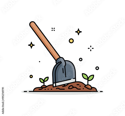 Garden hoe tool resting against a small patch of freshly turned soil with subtle earth details and tiny sprouts emerging nearby, expressing manual care and