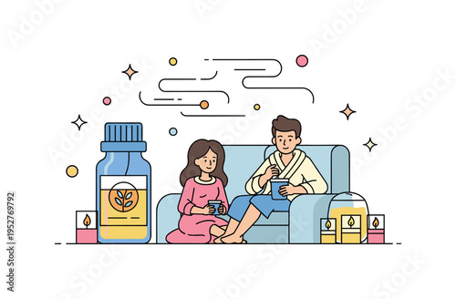 Aromatherapy spa evening couple enjoying a calm lounge space with essential oil bottle and floating scent lines, small candle icons enhancing cozy mood. A