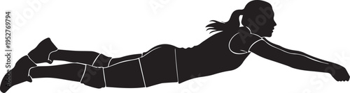 Female volleyball player silhouette diving for a save. Dynamic athlete in action, performing a defensive pancake move on white background.
