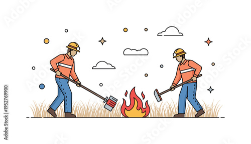 Prescribed fire management scene featuring two emergency workers with helmets and tools guiding a low controlled flame line across dry grass, expressing