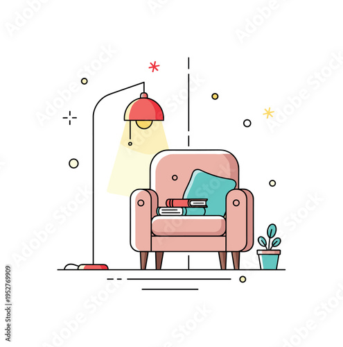 Personal sanctuary captured by a comfortable armchair with a book and warm floor lamp forming an intimate corner scene. The composition conveys comfort,