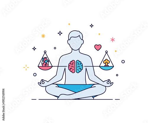 Mind body connection concept with a calm human silhouette seated in meditation and a subtle heart and brain icon aligned within the chest area. The composition