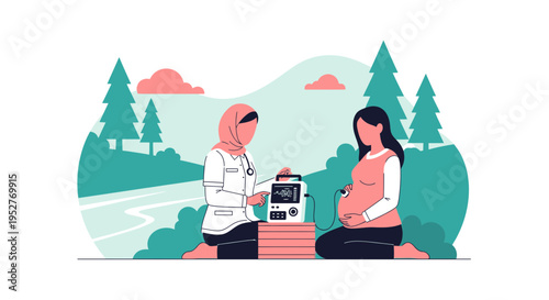 Doctor checks pregnant woman's belly with ultrasound machine in nature