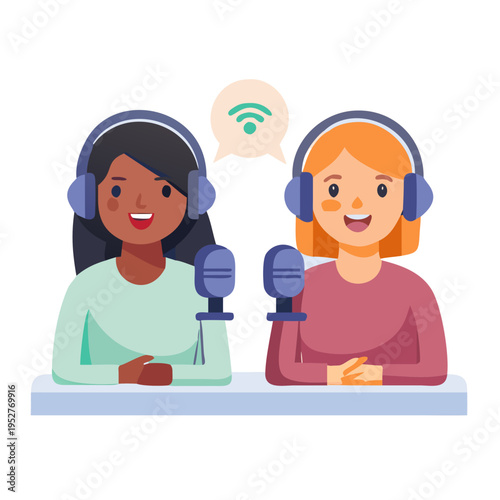 Two diverse women wearing headphones and speaking into microphones, recording a podcast or live radio broadcast with \.