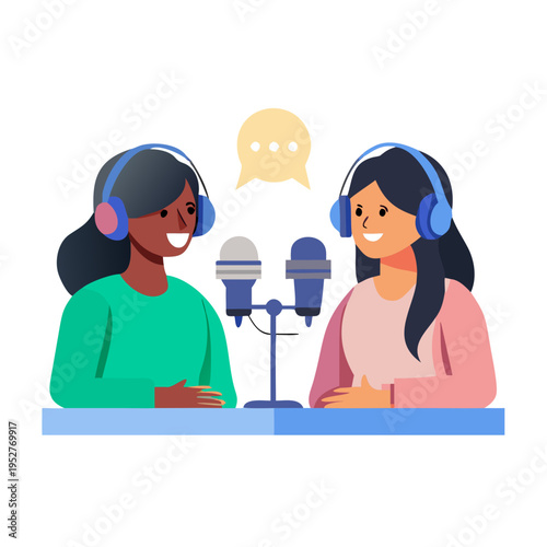 Two diverse women wearing headphones and speaking into microphones, recording a podcast or live radio broadcast with \.