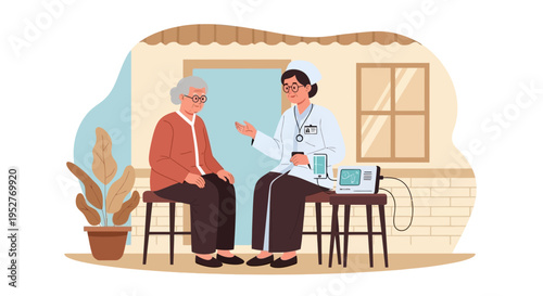 Doctor examining elderly woman at home, medical check-up, healthcare, home visit