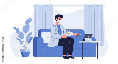 Doctor in mask consults patient online via video call on tablet, telemedicine concept