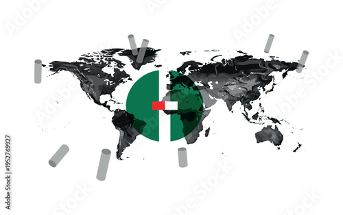Black and white split hemisphere map with eastern and western halves separated, oversized emerald green semicircle bridging the gap, red rectangular accent