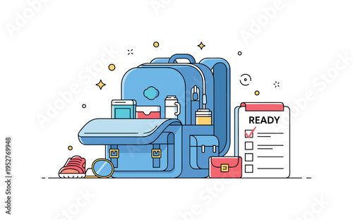 Minimal packing strategy represented by an open backpack with neatly organized essentials and a small checklist marked Ready, expressing efficiency,