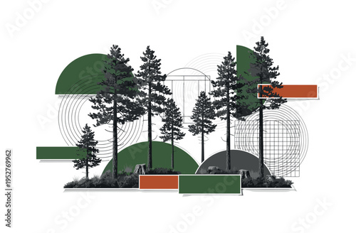 Monochrome forest habitat with tall pine trees rendered realistically, layered with abstract semicircles and structured grid lines indicating ecological