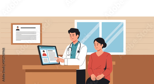 Doctor showing medical record on laptop to patient in clinic