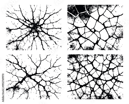 Abstract grunge crack patterns set featuring fractured and shattered surface textures for overlay effects or graphic design backgrounds