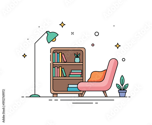 Reading nook shelf compact bookcase beside a cozy chair and floor lamp, conveying quiet moments and personal retreat within a home environment. Minimalist flat