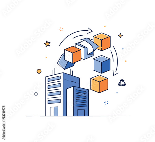 Circular economy in construction stylized building silhouette transforming into stacked reusable blocks connected by subtle rotating arrows. A modern visual