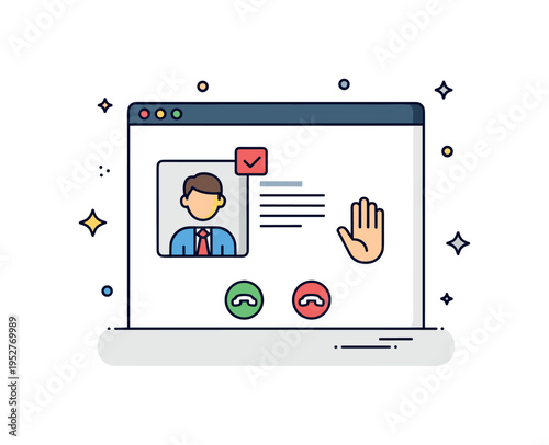 Meeting boundaries concept video call window with one participant icon highlighted and a small raised hand symbol, expressing consent and structured turn