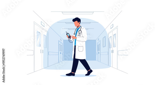 Doctor walking in hospital corridor using smartphone, medical technology concept