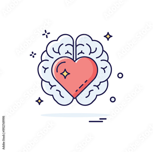 Emotional wellbeing support heart icon nested inside a subtle brain outline with small sparkle details. A refined concept badge symbolizing emotional