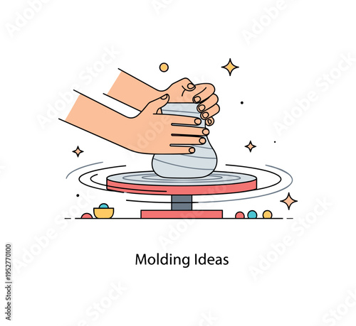 Artisan workshop moment with a side view of hands forming clay on a wheel, soft circular motion lines around the spinning base. Subtle sparkle accents and a