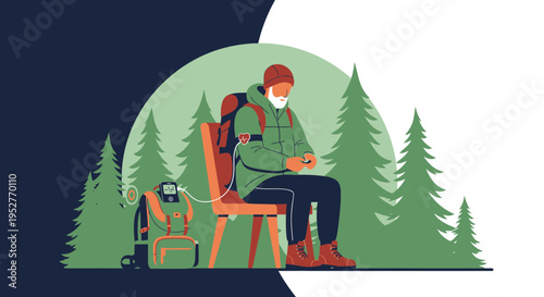 Elderly Hiker Resting in Forest with Backpack and Technology