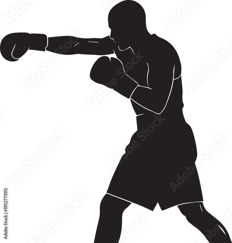Dynamic black silhouette of a male boxer throwing a powerful punch, symbolizing sport, fitness, strength, and combat training.