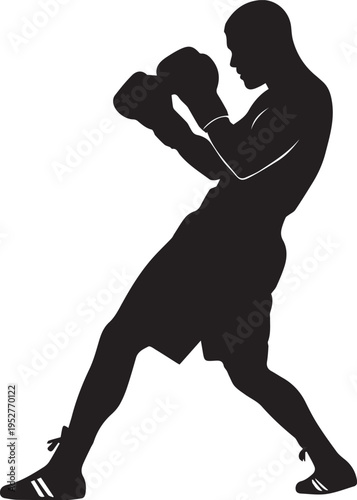 Strong male boxer silhouette in a classic defensive fighting pose, wearing gloves, representing power, sport, and combat readiness.