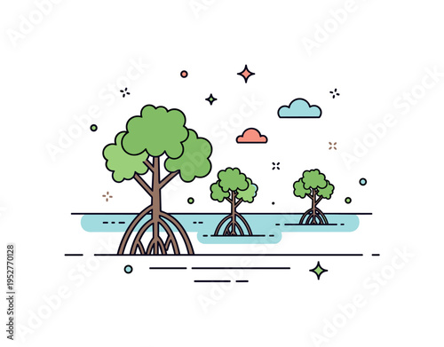 Mangrove wetlands stylized mangrove trees with visible root systems rising from shallow water, illustrating coastal resilience and protection against erosion.