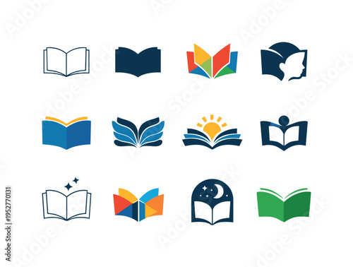 Children's books. Icon set. Set Logo of Children's books: open book. harmonious logo variations of the same emblematic concept, each with different artistic