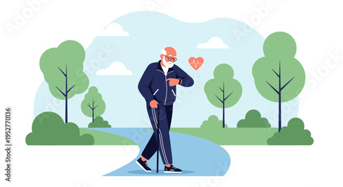 Elderly Man Exercising in Park, Checking Heart Rate on Smartwatch