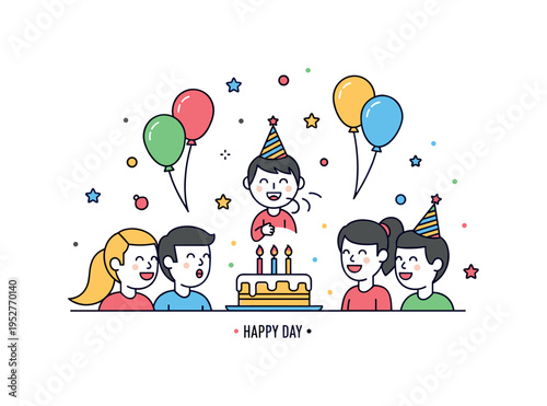 Kids birthday cake moment with a smiling child blowing out candles while friends gather around expressing joy and celebration. Bright balloons and tiny star