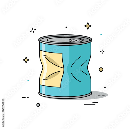 Dented can metal food can with a visible side dent and slightly creased label, subtle shadow emphasizing the uneven surface. A compact editorial concept badge